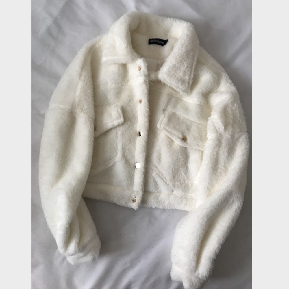 Never Worn - PLT White Faux Fur Crop Jacket